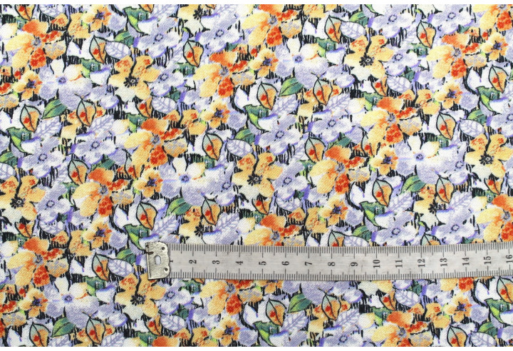 Tissu Gabardine Viscose Imprimé Fleur Purple Beige de Qualité, Tissu au mètre, Tissu pas cher - Alltissus.com