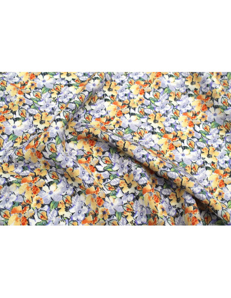 Tissu Gabardine Viscose Imprimé Fleur Purple Beige de Qualité, Tissu au mètre, Tissu pas cher - Alltissus.com