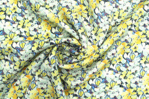 Tissu Gabardine Viscose Imprimé Fleur Purple Jaune de Qualité, Tissu au mètre, Tissu pas cher - Alltissus.com