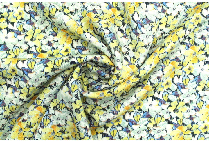Tissu Gabardine Viscose Imprimé Fleur Purple Jaune de Qualité, Tissu au mètre, Tissu pas cher - Alltissus.com
