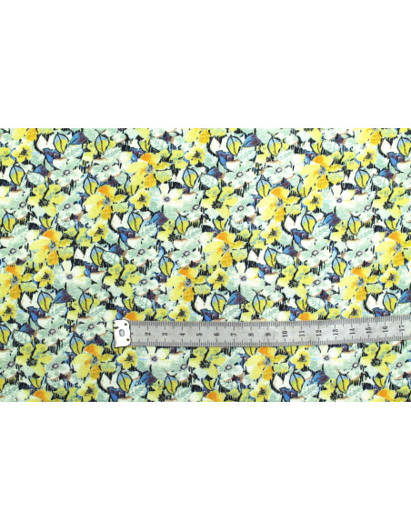 Tissu Gabardine Viscose Imprimé Fleur Purple Jaune de Qualité, Tissu au mètre, Tissu pas cher - Alltissus.com