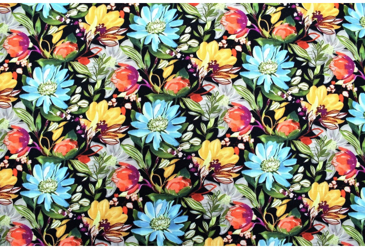 Tissu Gabardine Viscose Imprimé Fleur Mix Noir de Qualité, Tissu au mètre, Tissu pas cher - Alltissus.com