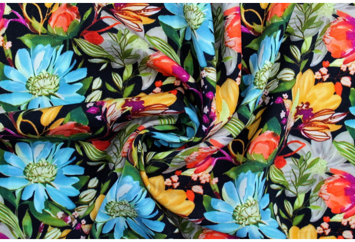 Tissu Gabardine Viscose Imprimé Fleur Mix Noir de Qualité, Tissu au mètre, Tissu pas cher - Alltissus.com