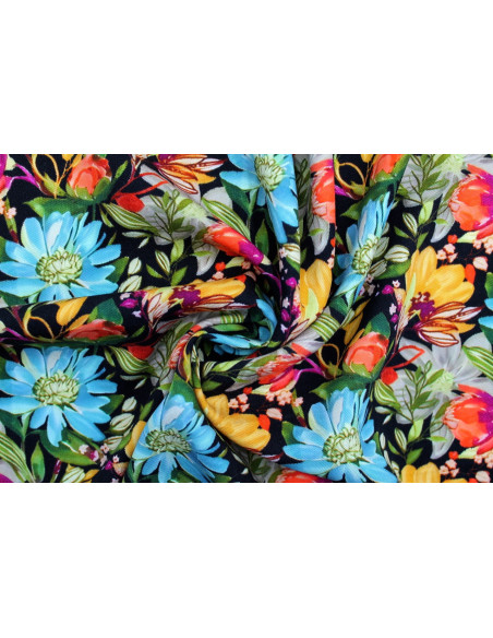 Tissu Gabardine Viscose Imprimé Fleur Mix Noir de Qualité, Tissu au mètre, Tissu pas cher - Alltissus.com