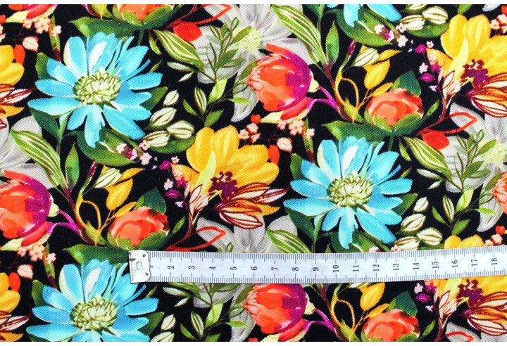 Tissu Gabardine Viscose Imprimé Fleur Mix Noir de Qualité, Tissu au mètre, Tissu pas cher - Alltissus.com