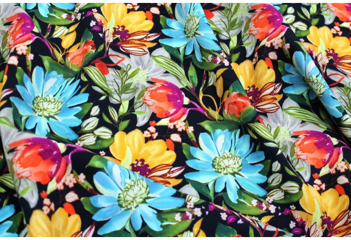 Tissu Gabardine Viscose Imprimé Fleur Mix Noir de Qualité, Tissu au mètre, Tissu pas cher - Alltissus.com