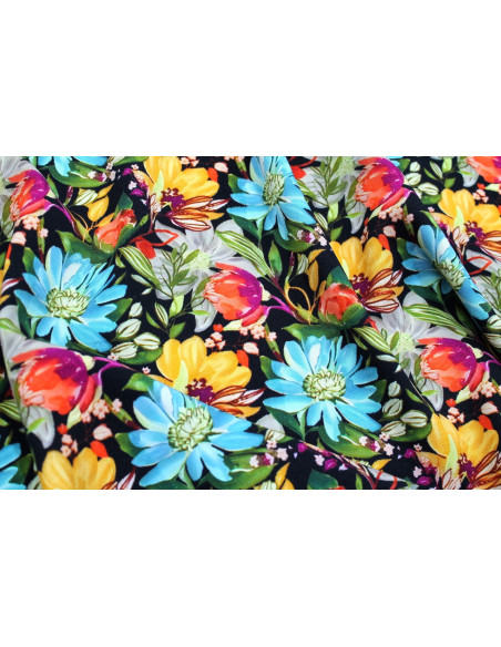 Tissu Gabardine Viscose Imprimé Fleur Mix Noir de Qualité, Tissu au mètre, Tissu pas cher - Alltissus.com