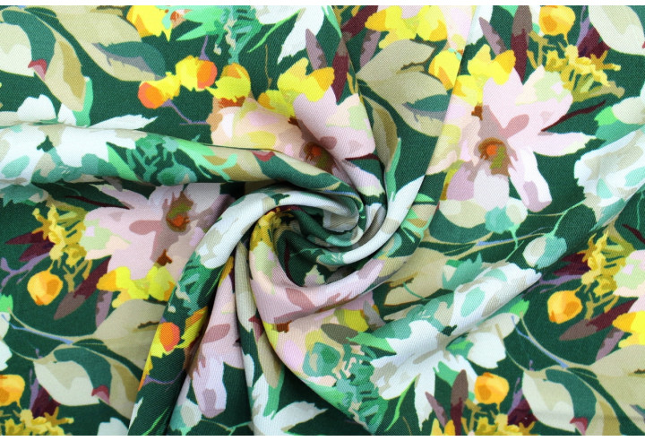 Tissu Gabardine Viscose Imprimé Fleur Maria Vert de Qualité, Tissu au mètre, Tissu pas cher - Alltissus.com