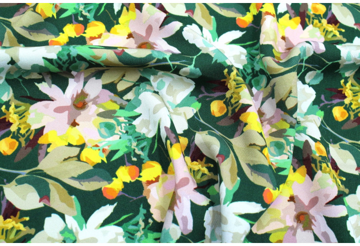 Tissu Gabardine Viscose Imprimé Fleur Maria Vert de Qualité, Tissu au mètre, Tissu pas cher - Alltissus.com