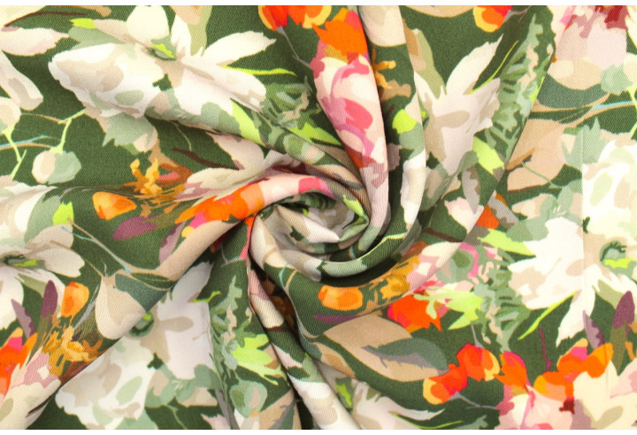 Tissu Gabardine Viscose Imprimé Fleur Maria Kaki de Qualité, Tissu au mètre, Tissu pas cher - Alltissus.com