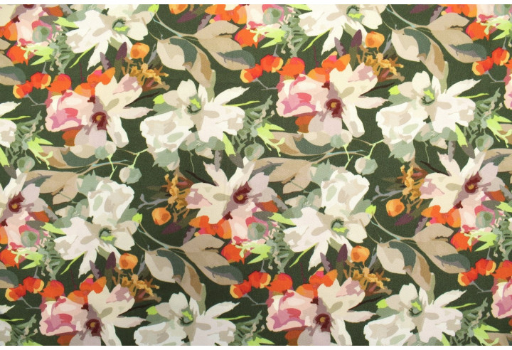 Tissu Gabardine Viscose Imprimé Fleur Maria Kaki de Qualité, Tissu au mètre, Tissu pas cher - Alltissus.com