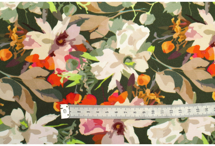 Tissu Gabardine Viscose Imprimé Fleur Maria Kaki de Qualité, Tissu au mètre, Tissu pas cher - Alltissus.com