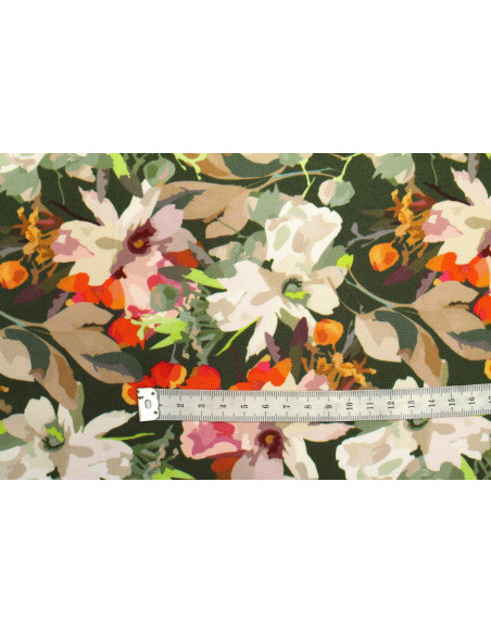 Tissu Gabardine Viscose Imprimé Fleur Maria Kaki de Qualité, Tissu au mètre, Tissu pas cher - Alltissus.com