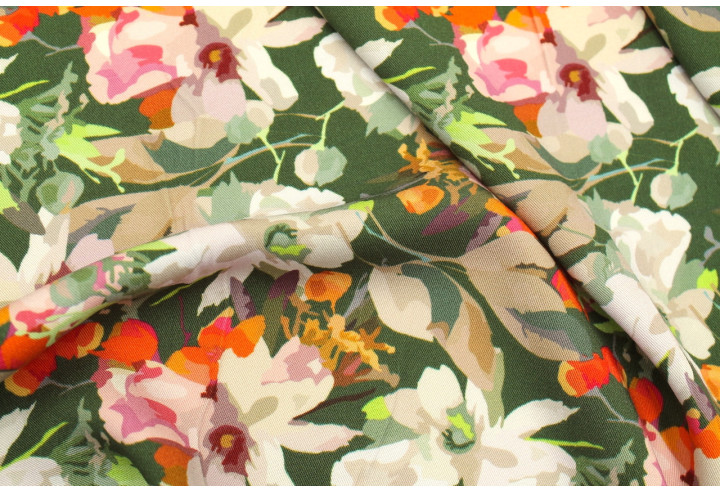 Tissu Gabardine Viscose Imprimé Fleur Maria Kaki de Qualité, Tissu au mètre, Tissu pas cher - Alltissus.com