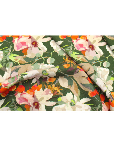 Tissu Gabardine Viscose Imprimé Fleur Maria Kaki de Qualité, Tissu au mètre, Tissu pas cher - Alltissus.com