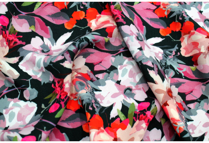 Tissu Gabardine Viscose Imprimé Fleur Maria Noir de Qualité, Tissu au mètre, Tissu pas cher - Alltissus.com
