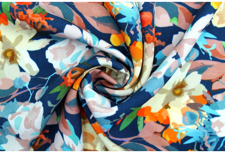 Tissu Gabardine Viscose Imprimé Fleur Maria Marine de Qualité, Tissu au mètre, Tissu pas cher - Alltissus.com