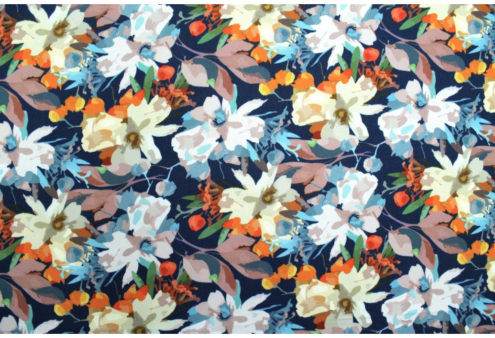Tissu Gabardine Viscose Imprimé Fleur Maria Marine de Qualité, Tissu au mètre, Tissu pas cher - Alltissus.com