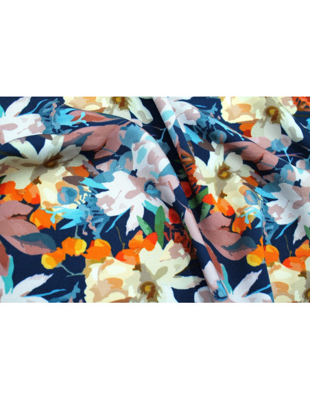 Tissu Gabardine Viscose Imprimé Fleur Maria Marine de Qualité, Tissu au mètre, Tissu pas cher - Alltissus.com