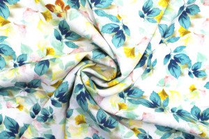 Tissu Gabardine Viscose Imprimé Feuille Hazel Turquoise de Qualité, Tissu au mètre, Tissu pas cher - Alltissus.com