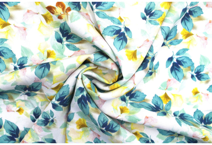 Tissu Gabardine Viscose Imprimé Feuille Hazel Turquoise de Qualité, Tissu au mètre, Tissu pas cher - Alltissus.com