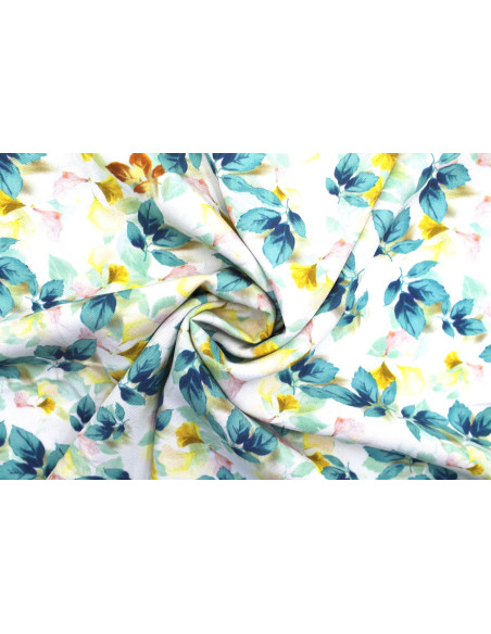 Tissu Gabardine Viscose Imprimé Feuille Hazel Turquoise de Qualité, Tissu au mètre, Tissu pas cher - Alltissus.com