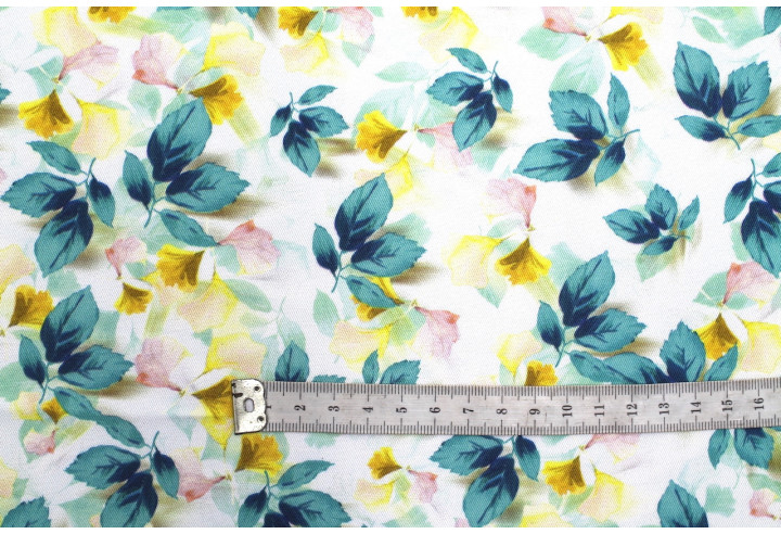 Tissu Gabardine Viscose Imprimé Feuille Hazel Turquoise de Qualité, Tissu au mètre, Tissu pas cher - Alltissus.com