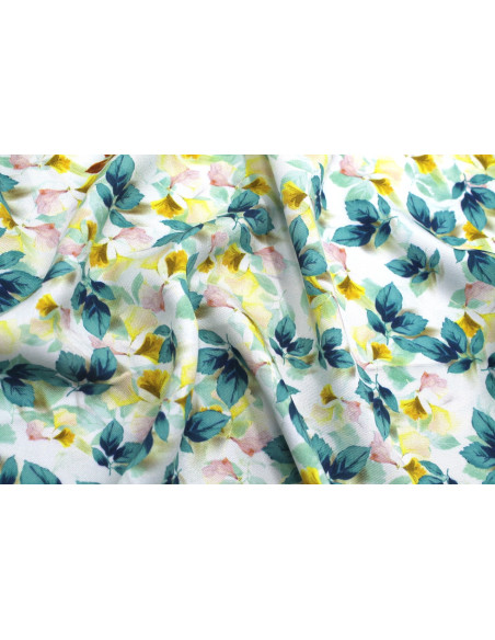 Tissu Gabardine Viscose Imprimé Feuille Hazel Turquoise de Qualité, Tissu au mètre, Tissu pas cher - Alltissus.com
