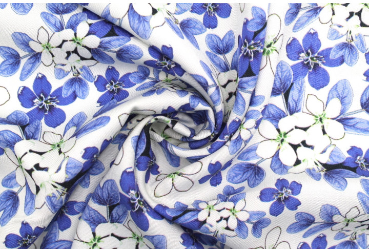 Tissu Gabardine Viscose Imprimé Fleur Lysie Bleu de Qualité, Tissu au mètre, Tissu pas cher - Alltissus.com