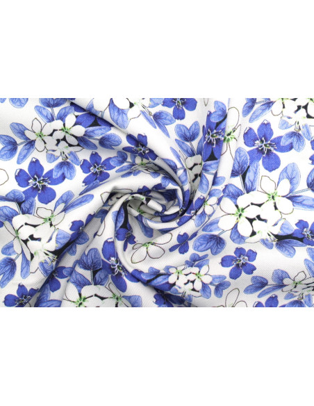 Tissu Gabardine Viscose Imprimé Fleur Lysie Bleu de Qualité, Tissu au mètre, Tissu pas cher - Alltissus.com
