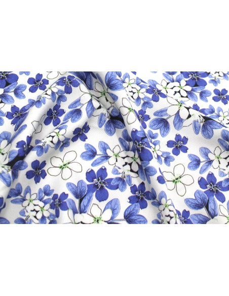 Tissu Gabardine Viscose Imprimé Fleur Lysie Bleu de Qualité, Tissu au mètre, Tissu pas cher - Alltissus.com