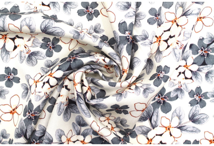 Tissu Gabardine Viscose Imprimé Fleur Lysie Gris de Qualité, Tissu au mètre, Tissu pas cher - Alltissus.com