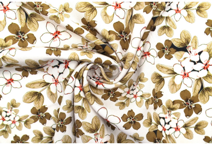Tissu Gabardine Viscose Imprimé Fleur Lysie Beige de Qualité, Tissu au mètre, Tissu pas cher - Alltissus.com