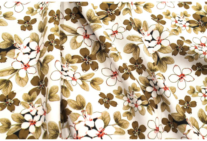 Tissu Gabardine Viscose Imprimé Fleur Lysie Beige de Qualité, Tissu au mètre, Tissu pas cher - Alltissus.com