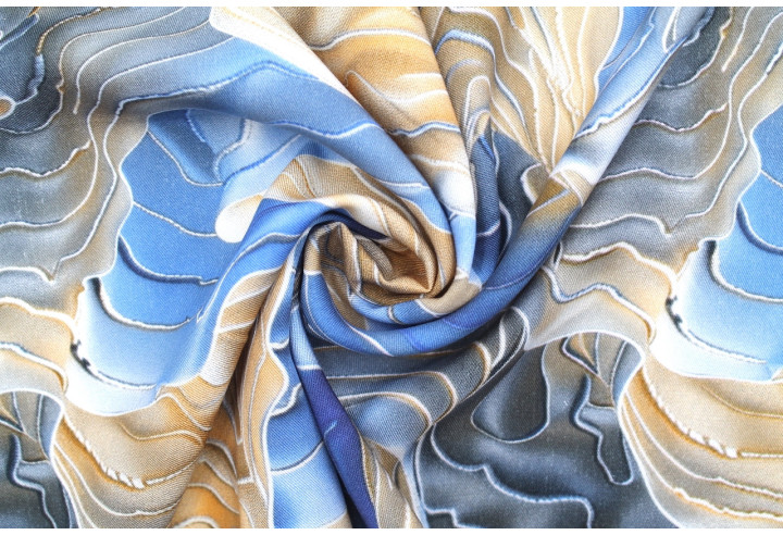 Tissu Gabardine Viscose Imprimé Séïsme Beige et Bleu de Qualité, Tissu au mètre, Tissu pas cher - Alltissus.com