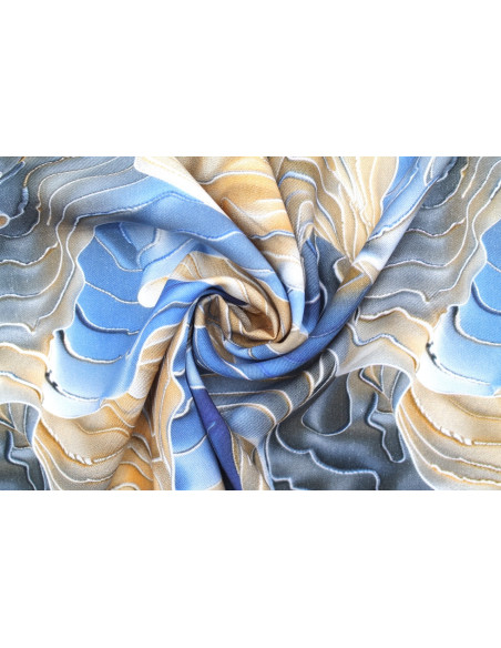 Tissu Gabardine Viscose Imprimé Séïsme Beige et Bleu de Qualité, Tissu au mètre, Tissu pas cher - Alltissus.com