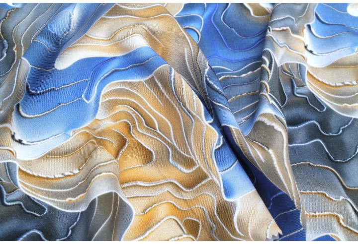 Tissu Gabardine Viscose Imprimé Séïsme Beige et Bleu de Qualité, Tissu au mètre, Tissu pas cher - Alltissus.com