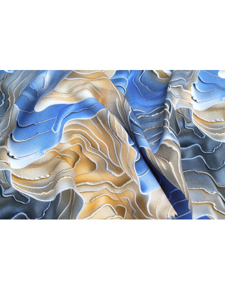 Tissu Gabardine Viscose Imprimé Séïsme Beige et Bleu de Qualité, Tissu au mètre, Tissu pas cher - Alltissus.com