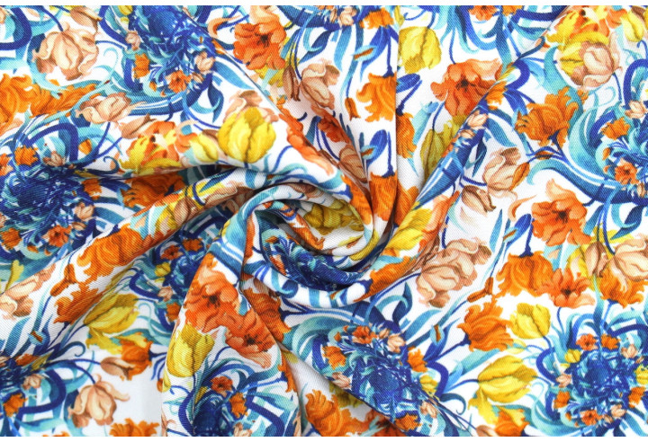 Tissu Gabardine Viscose Imprimé Corbeille de fleurs Blanc de Qualité, Tissu au mètre, Tissu pas cher - Alltissus.com