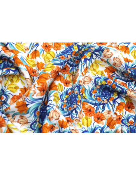 Tissu Gabardine Viscose Imprimé Corbeille de fleurs Blanc de Qualité, Tissu au mètre, Tissu pas cher - Alltissus.com