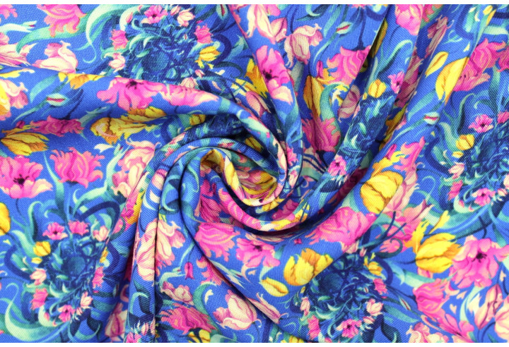 Tissu Gabardine Viscose Imprimé Corbeille de fleurs Bleu de Qualité, Tissu au mètre, Tissu pas cher - Alltissus.com