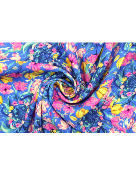 Tissu Gabardine Viscose Imprimé Corbeille de fleurs Bleu de Qualité, Tissu au mètre, Tissu pas cher - Alltissus.com