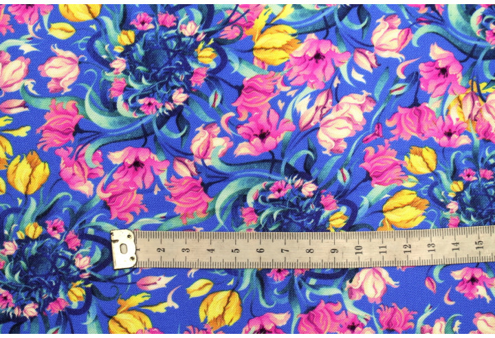 Tissu Gabardine Viscose Imprimé Corbeille de fleurs Bleu de Qualité, Tissu au mètre, Tissu pas cher - Alltissus.com
