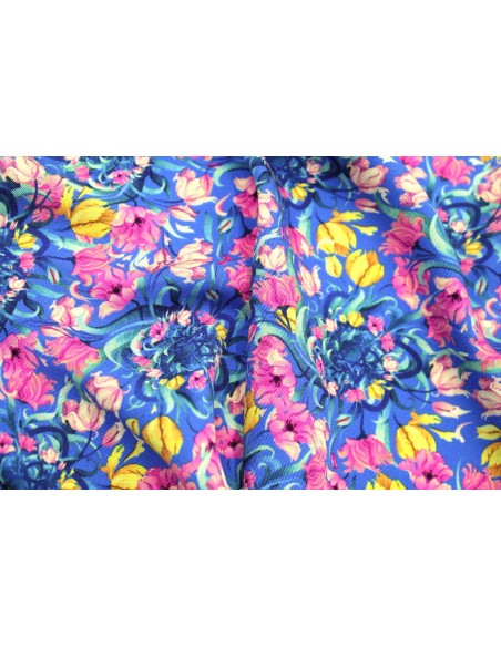 Tissu Gabardine Viscose Imprimé Corbeille de fleurs Bleu de Qualité, Tissu au mètre, Tissu pas cher - Alltissus.com