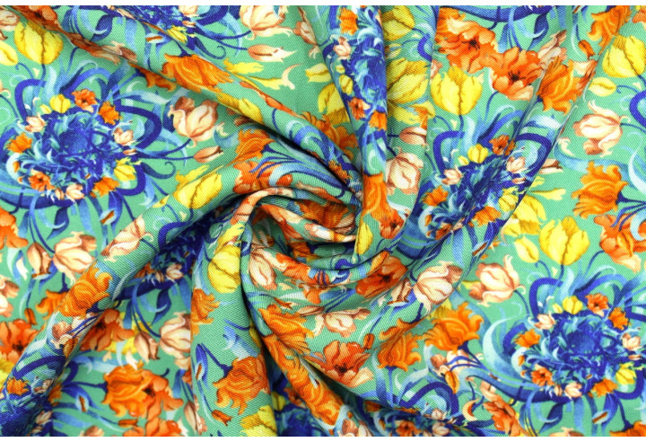 Tissu Gabardine Viscose Imprimé Corbeille de fleurs Vert de Qualité, Tissu au mètre, Tissu pas cher - Alltissus.com