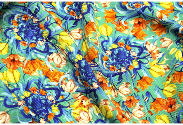 Tissu Gabardine Viscose Imprimé Corbeille de fleurs Vert de Qualité, Tissu au mètre, Tissu pas cher - Alltissus.com