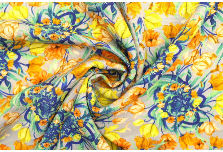 Tissu Gabardine Viscose Imprimé Corbeille de fleurs Gris de Qualité, Tissu au mètre, Tissu pas cher - Alltissus.com