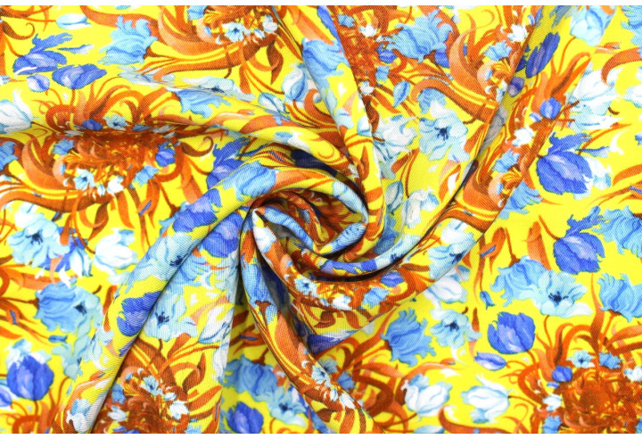 Tissu Gabardine Viscose Imprimé Corbeille de fleurs Jaune de Qualité, Tissu au mètre, Tissu pas cher - Alltissus.com