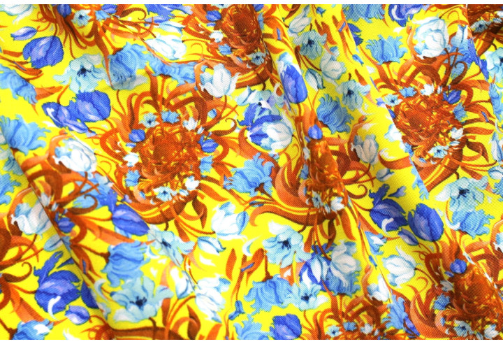 Tissu Gabardine Viscose Imprimé Corbeille de fleurs Jaune de Qualité, Tissu au mètre, Tissu pas cher - Alltissus.com