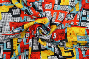 Tissu Gabardine Viscose Imprimé Figures Rouge et Jaune de Qualité, Tissu au mètre, Tissu pas cher - Alltissus.com